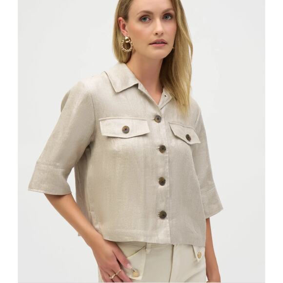 NWT Joseph Ribkoff Foiled Linen Blend Short Sleeve Boxy Jacket Style 252921 Sz L - Picture 2 of 7